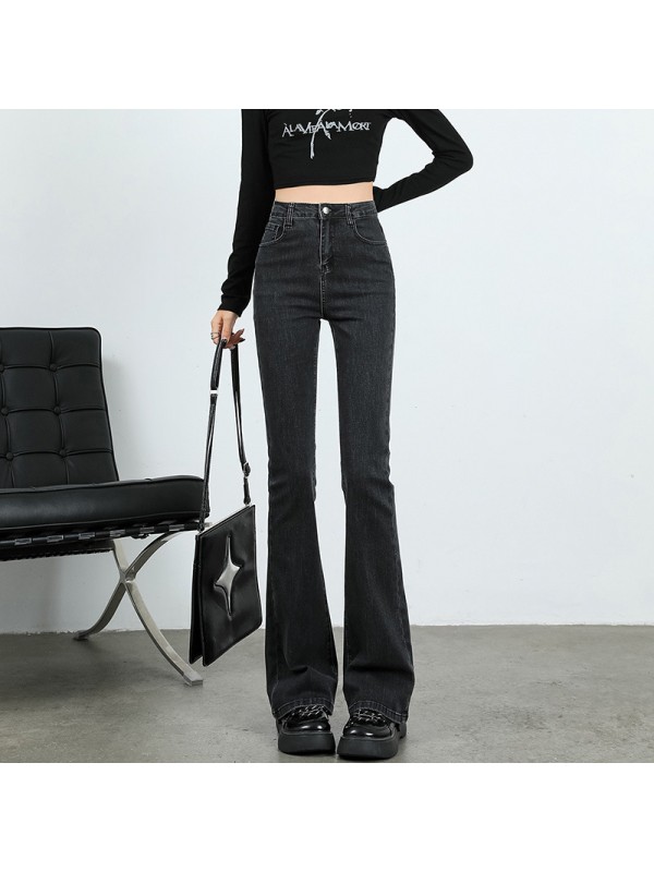 Velvet Denim Women's Horseshoe Micro Flared Pants Autumn And Winter 2023 New High Waisted Elastic Wide Leg Black Slimming