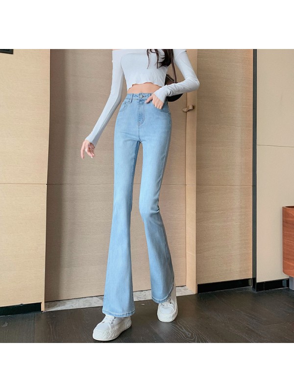 Velvet Denim Women's Horseshoe Micro Flared Pants Autumn And Winter 2023 New High Waisted Elastic Wide Leg Black Slimming