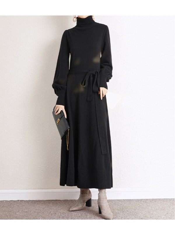 Design Sense Flipped High Neck Knit Dress 2023 Autumn/Winter New Loose Swing Mid Length Woolen Dress