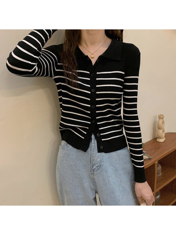 French Polo Neck Striped Knitted Cardigan For Women In Autumn And Winter 2023 New Literary Retro Gentle Short Sweater Jacket