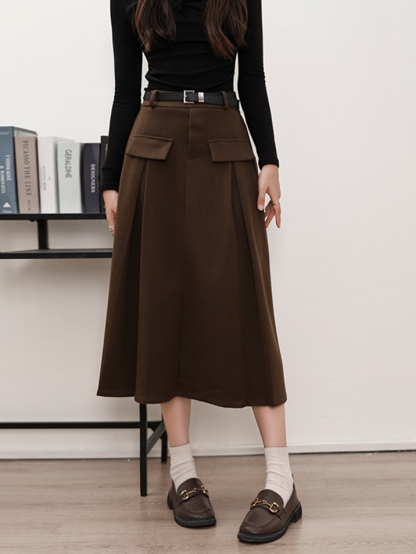 Maillard Woolen Half Skirt, Women's Half Skirt, Autumn And Winter Slim, High Waisted, Medium Length Woolen A-Line Work Dress, Pleated Skirt