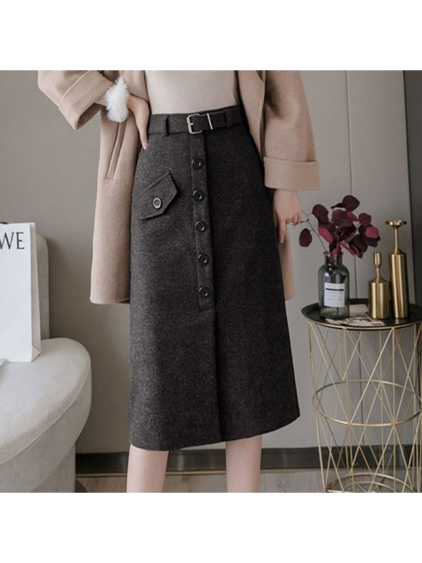 Woolen Half Length Skirt For Women In Autumn And Winter, New Style Wrapped Skirt With High Waist And Slim Waist, Medium Length Slit Wrapped Hip Skirt, Thickened One-Step Skirt Factory