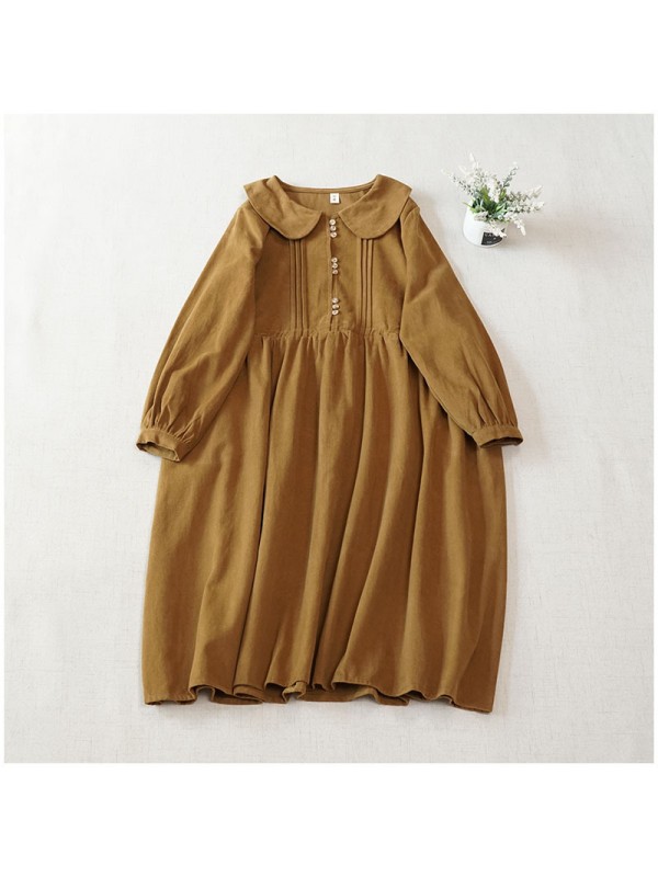 Autumn And Winter Thick Cotton Doll Neck Long Sleeve Waist Waist Slim Dress Japanese Versatile Mid Length Half Open Button Long Dress