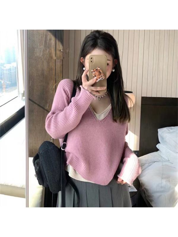 Korean Early Autumn Holiday Two Pieces Of Lazy Style Pullover Bottom Knitted Shirt Solid Color Design Feeling Pit Stripe Soft Glutinous Sweater For Women