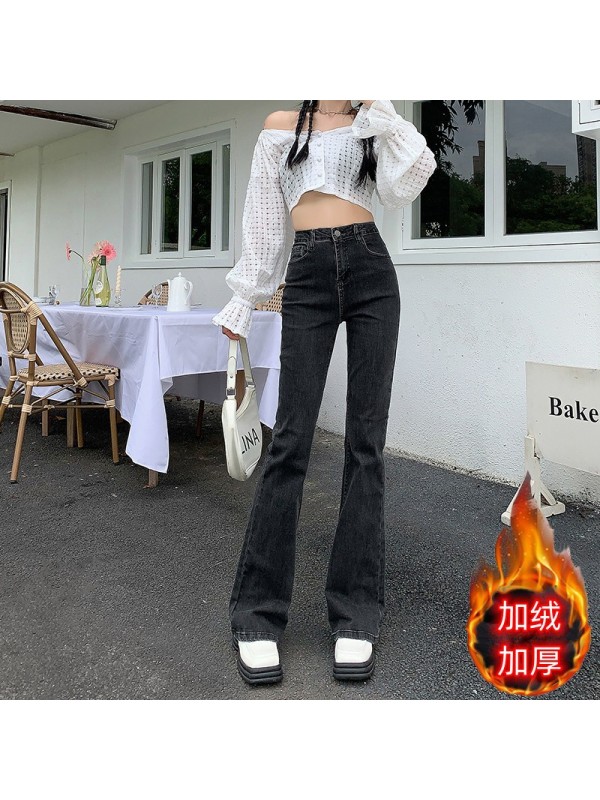 Plush And Thick Flared Jeans For Women's Autumn And Winter New High Waisted Elastic Tight, Slimming And Warm, Slightly Flared Floor Long Pants