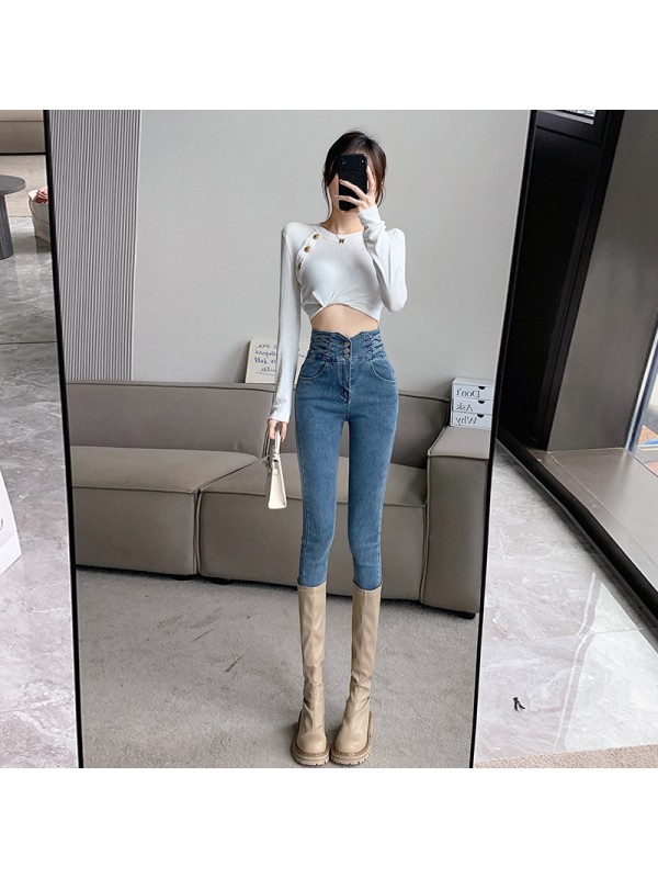 High Waisted And Small Legged Jeans For Women In Autumn And Winter 2023, Plush New Elastic Slim Fitting Pencil Long Pants