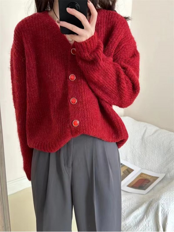 Autumn And Winter New Gentle Style Colorful Dots Versatile Knitted Cardigan Women's Loose Temperament Thick V-Neck Flower Thread Sweater Coat