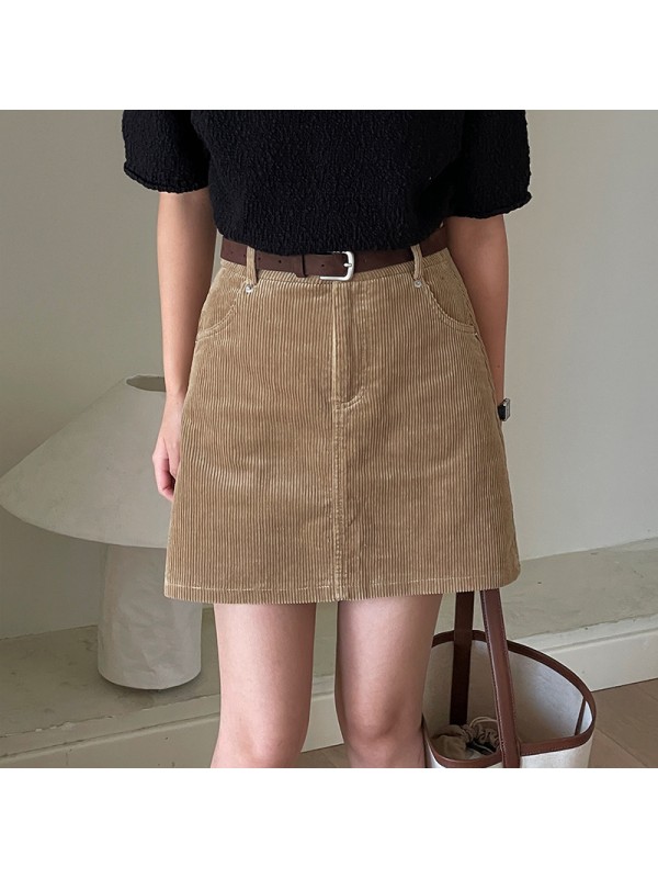 Les A-Line Short Skirt For Women, Small And Slim Corduroy Short Skirt With High Waist Design, Autumn Half Skirt For Women, Free Belt