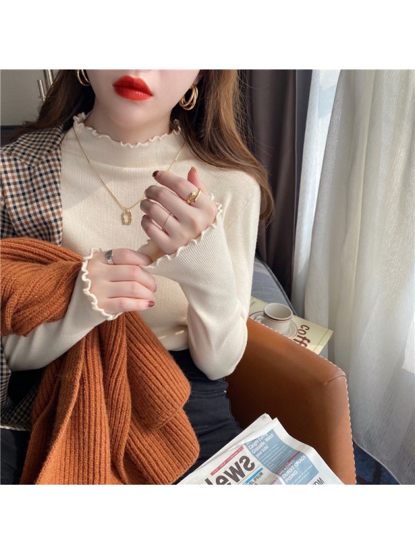 Early Autumn Foreigner Style Underlay Women's 2023 Autumn/Winter New Wood Ear Edge Half High Neck Sweater Knit Top