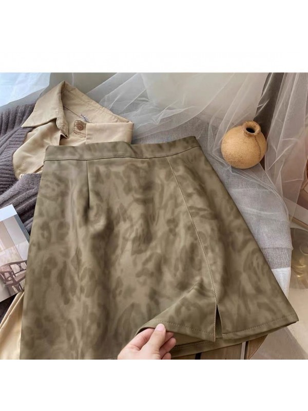 High End Anti Slip Matte Frosted Leather Short Skirt For Women In Autumn And Winter 2023, New High Waisted A-Line Leather Skirt With Leopard Print Skirt