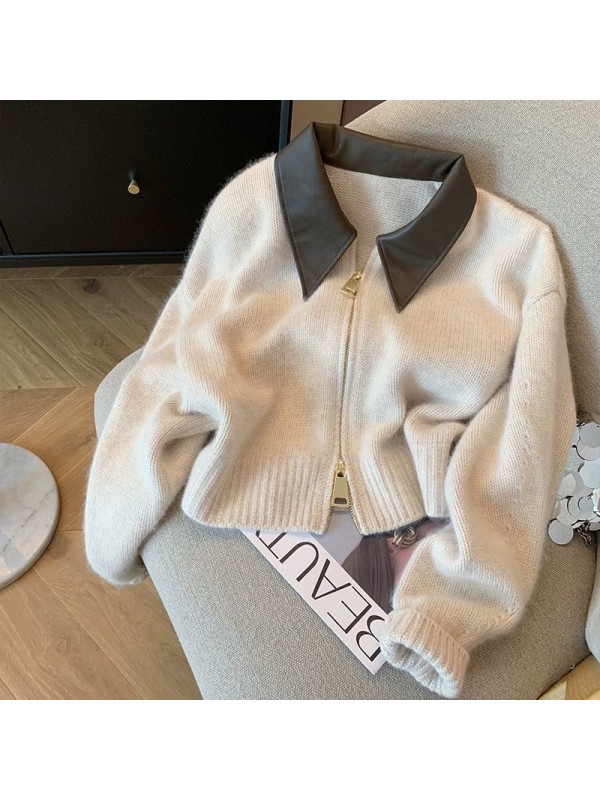 Premium Black Collar Collar Zipper Knitted Coat Women's Autumn 2023 Fashion Loose Style Short Sweater Cardigan