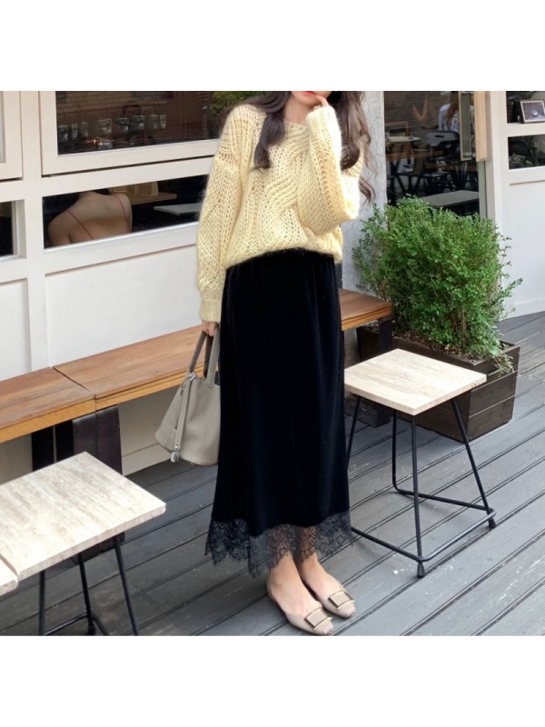 Midnight Composer/Korean Edition Autumn/Winter Commuter Gentle Velvet Lace Skirt