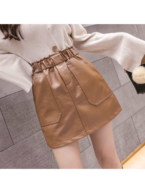 Elastic Waist Spring Leather Skirt Half Skirt Women's 2023 Autumn/Winter Wrap Hip High Waist Slim Line Skirt Large Khaki Short Skirt