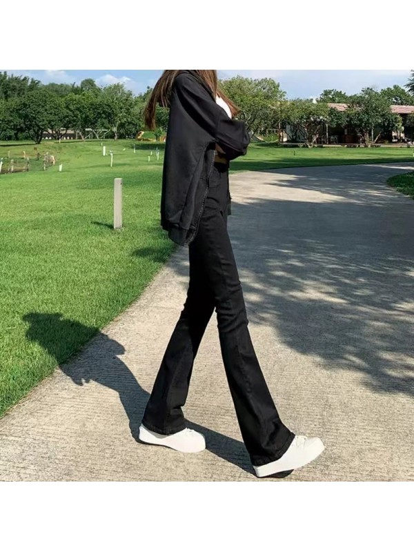 Velvet Denim Women's Horseshoe Micro Flared Pants Autumn And Winter 2023 New High Waisted Elastic Wide Leg Black Slimming