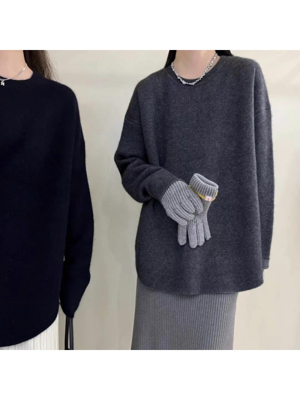 Korean Version Gentle And Lazy Autumn And Winter New Niche Design Knit Shirt Solid Color Top Medium Length Pullover Sweater For Women