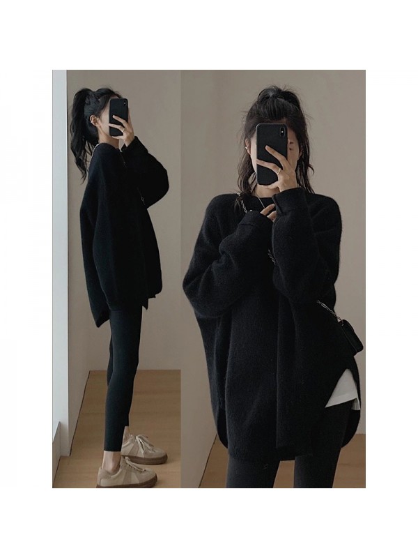 Korean Version Gentle And Lazy Autumn And Winter New Niche Design Knit Shirt Solid Color Top Medium Length Pullover Sweater For Women