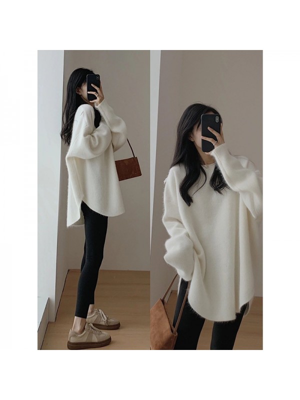 Korean Version Gentle And Lazy Autumn And Winter New Niche Design Knit Shirt Solid Color Top Medium Length Pullover Sweater For Women