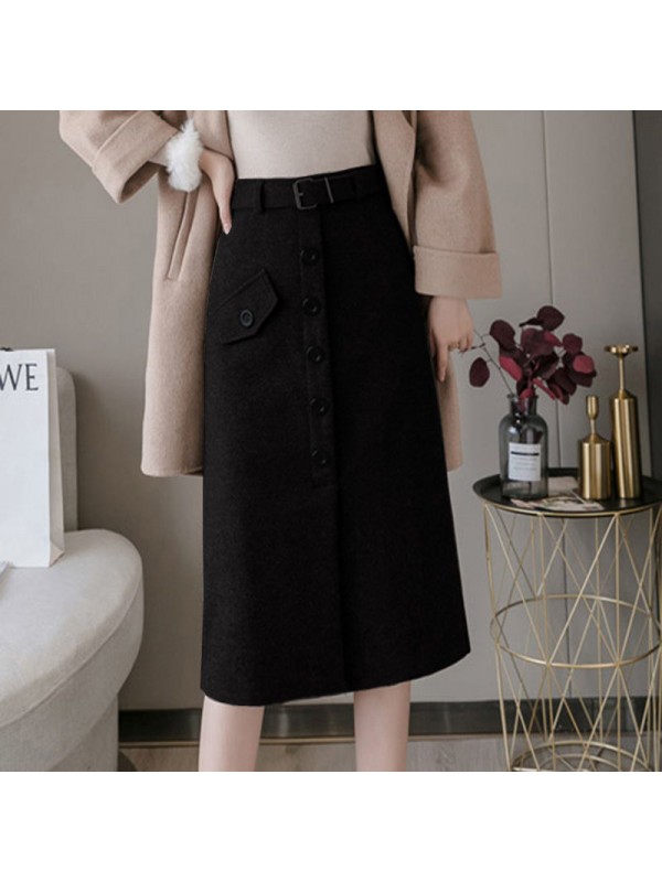 Woolen Half Length Skirt For Women In Autumn And Winter, New Style Wrapped Skirt With High Waist And Slim Waist, Medium Length Slit Wrapped Hip Skirt, Thickened One-Step Skirt Factory