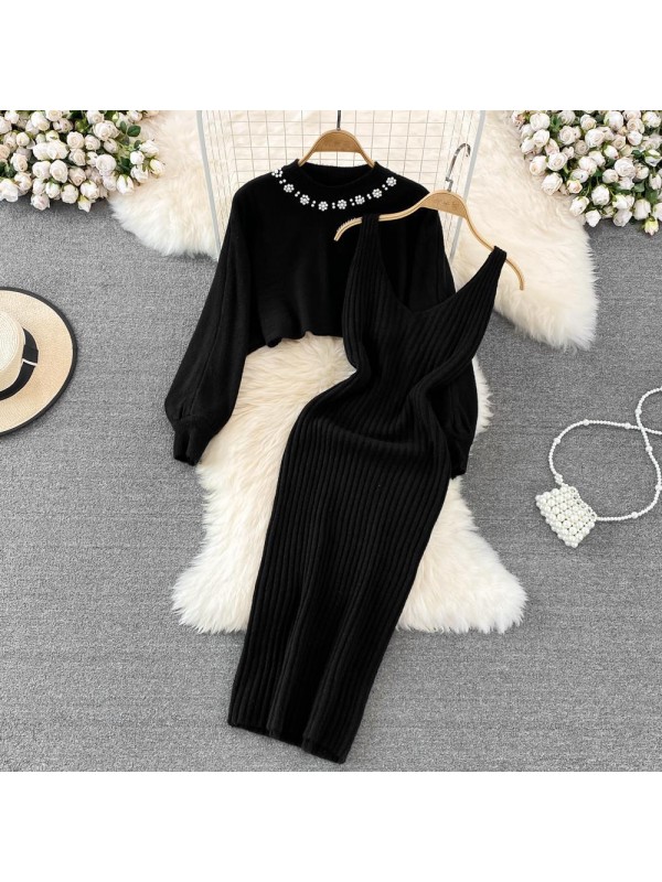 French Style Celebrity Pin Bead High Waist Two Piece Woolen Dress 2023 Autumn/Winter New Knit Tank Top Dress