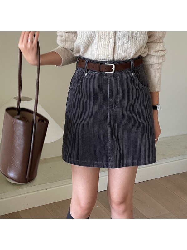 Les A-Line Short Skirt For Women, Small And Slim Corduroy Short Skirt With High Waist Design, Autumn Half Skirt For Women, Free Belt