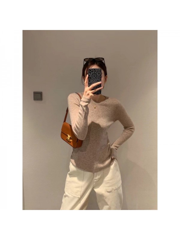 White Round Neck Wool Bottom Sweater For Women In Autumn And Winter With Long Sleeves And Over Shoulder Knitted Sweater, Slim Fitting Short Top