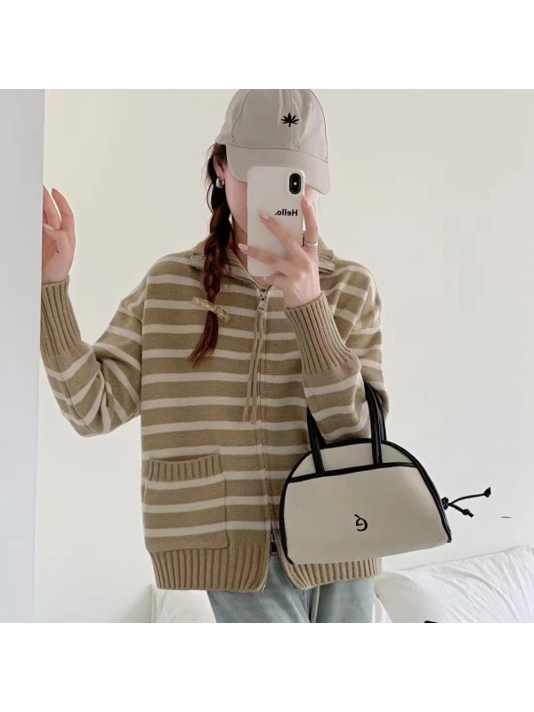 Stand Up Collar Design, Striped Contrast Color Zipper, Long Sleeved Knitted Cardigan For Women In Autumn And Winter, Loose And Lazy Style, Sweater Jacket Trend