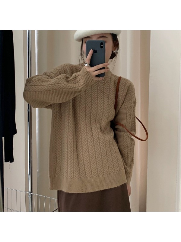 Japanese Retro Fried Dough Twists Pullover Sweater Women's Autumn And Winter New Lazy Wind Loose Soft Waxy Round Neck Sweater Top Thick