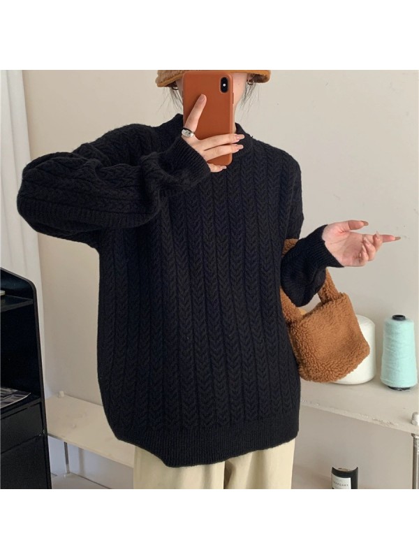 Japanese Retro Fried Dough Twists Pullover Sweater Women's Autumn And Winter New Lazy Wind Loose Soft Waxy Round Neck Sweater Top Thick