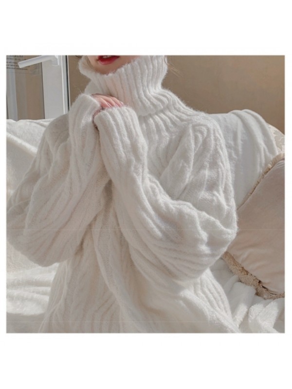 Soft Waxy High Neck Sweater For Women In Autumn And Winter Lazy Wind Loose Wear Thick Warm White Fried Dough Twists Pullover Sweater