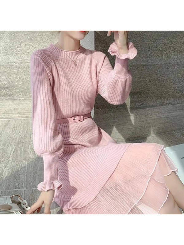 New Knitted Dress For Women's Autumn And Winter Mid Length Mesh Waist Wrap Show Thin Temperament Half High Collar Underlay Woolen Dress