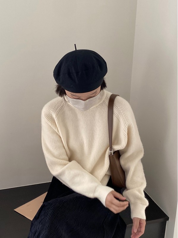 Jiangzuo Xianbai Lazy Style Simple Korean Pullover Yuanbao Needle Round Neck Knitted Sweater For Women 2023 Autumn/Winter 7805