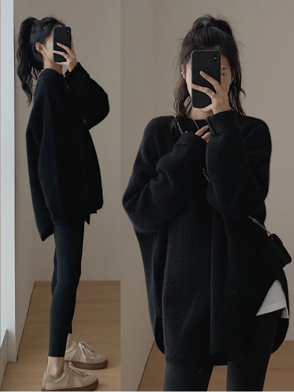 Puyuan 2023 French Fashionable Split Loose Pullover Women's Thickened Sweater Autumn And Winter Literature Vintage Knitwear Top