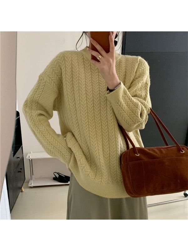 Japanese Retro Fried Dough Twists Pullover Sweater Women's Autumn And Winter New Lazy Wind Loose Soft Waxy Round Neck Sweater Top Thick