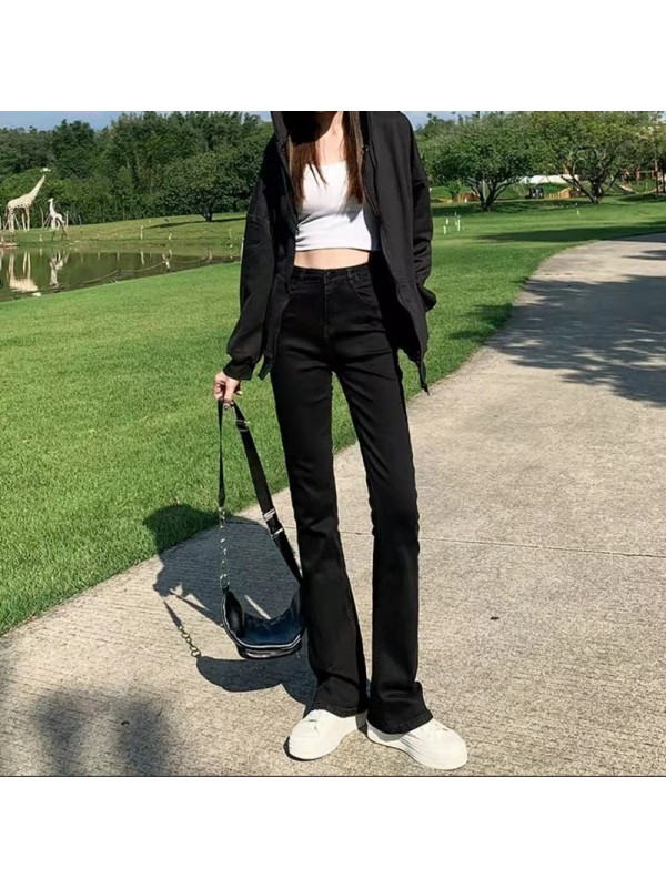 Velvet Denim Women's Horseshoe Micro Flared Pants Autumn And Winter 2023 New High Waisted Elastic Wide Leg Black Slimming