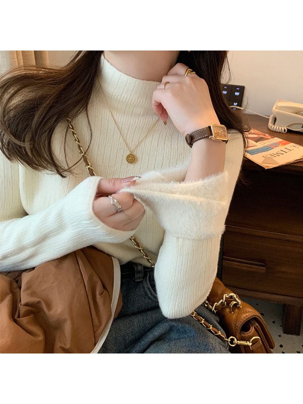 Autumn And Winter Plush Sweater Women's Underlay Half High Collar Thickened Warm Inner Layer White Knitted One Piece Mink Fleece Top