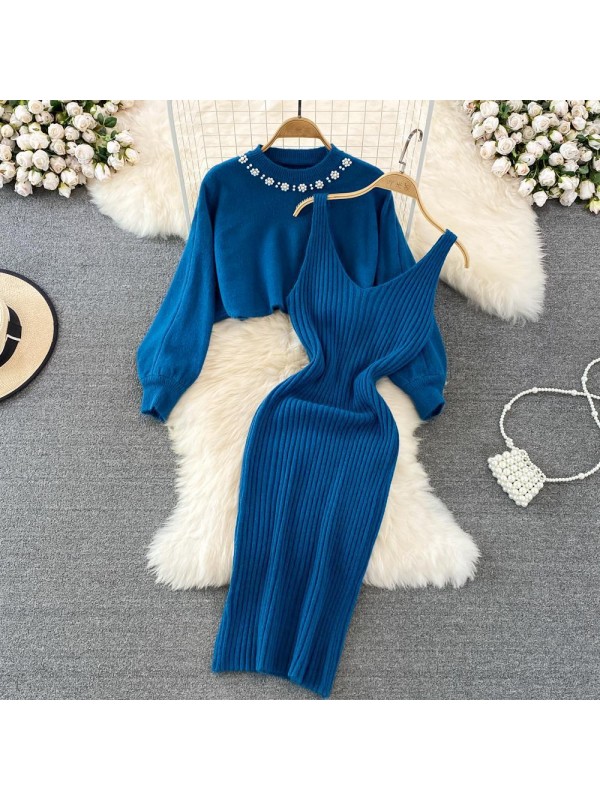 French Style Celebrity Pin Bead High Waist Two Piece Woolen Dress 2023 Autumn/Winter New Knit Tank Top Dress