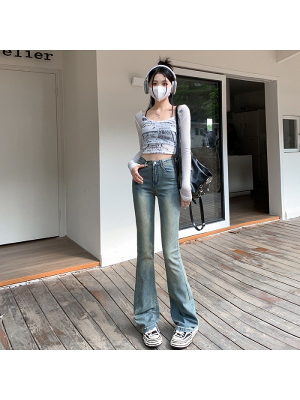 Spicy Girl Jeans Slightly Ragged Women's Autumn And Winter Design Sense High Waist Slim Tall Elastic Horseshoe Flare Pants