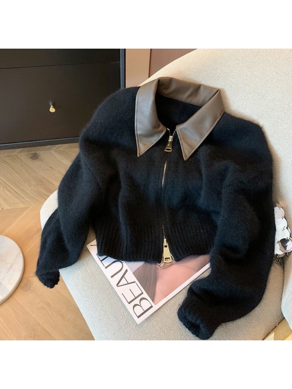 Premium Black Collar Collar Zipper Knitted Coat Women's Autumn 2023 Fashion Loose Style Short Sweater Cardigan