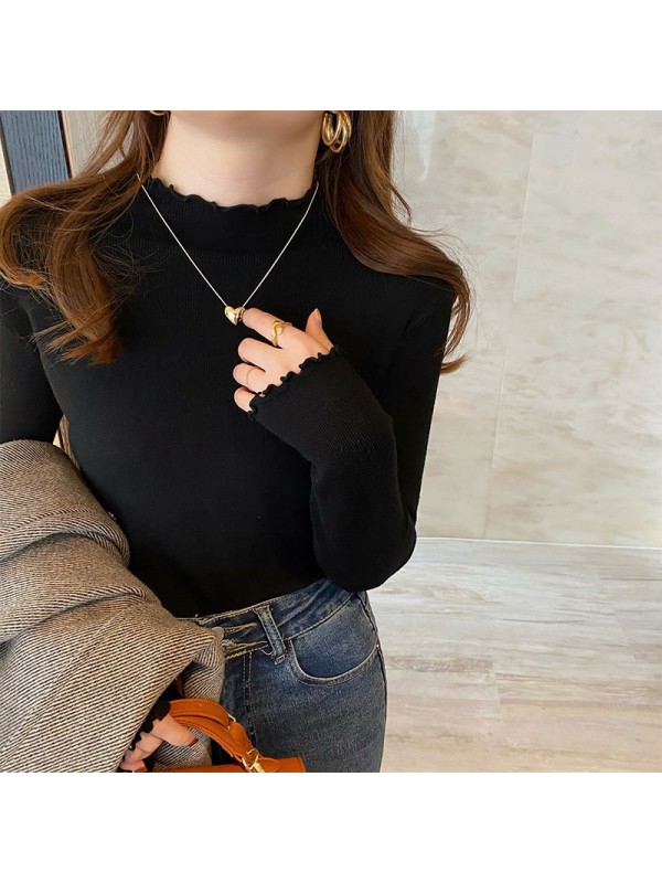 Early Autumn Foreigner Style Underlay Women's 2023 Autumn/Winter New Wood Ear Edge Half High Neck Sweater Knit Top